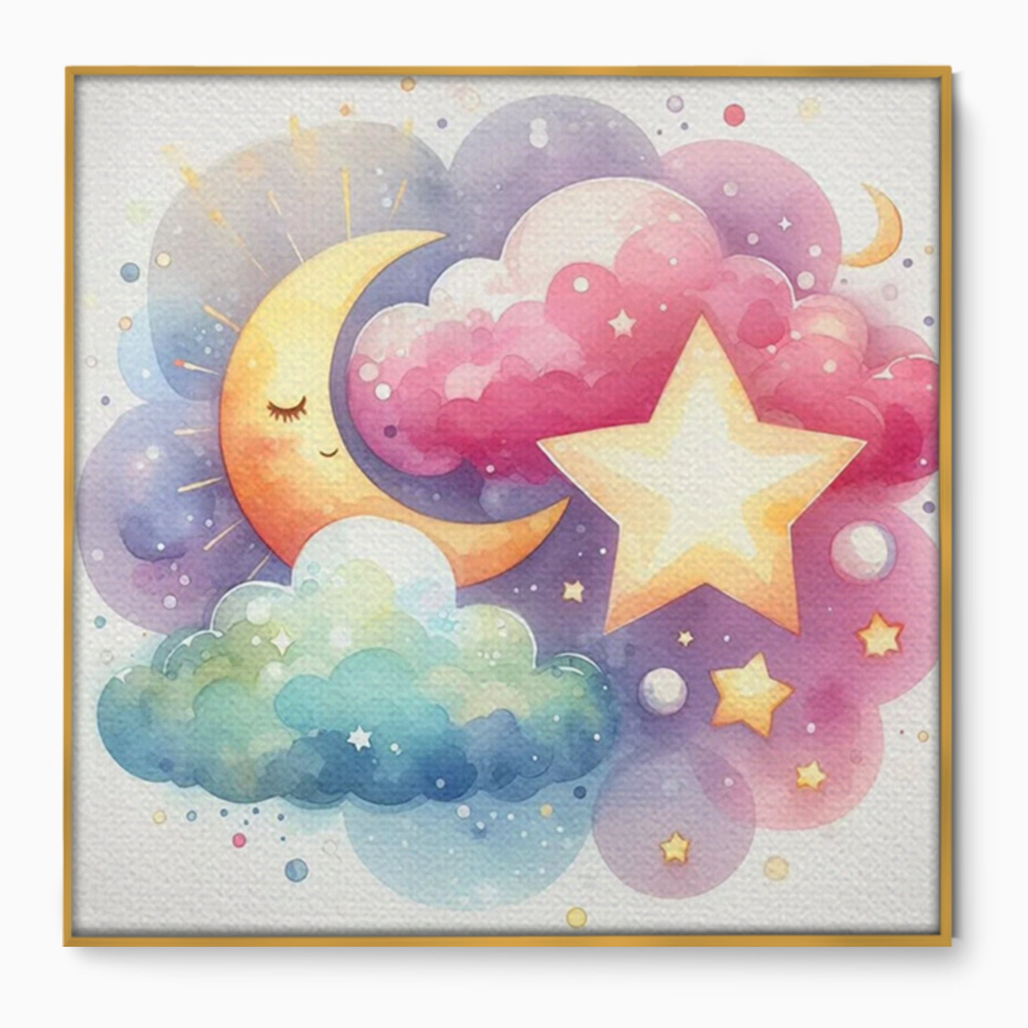 Tablou canvas cu ilustratie acuarela cu luna si stea, in rama de aluminiu auriu
